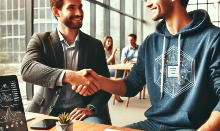 Two startup co-founders shaking hands, symbolizing a successful partnership.