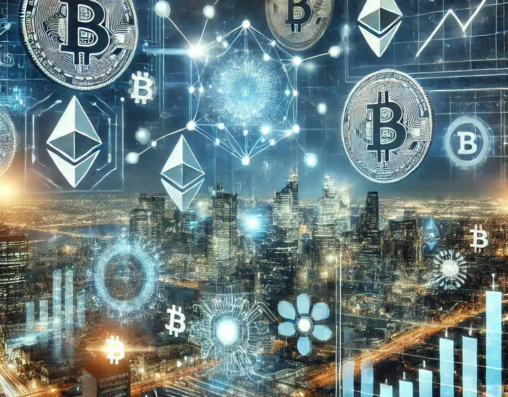 The future of fintech and cryptocurrency depicted with trends like blockchain, AI, and DeFi advancements