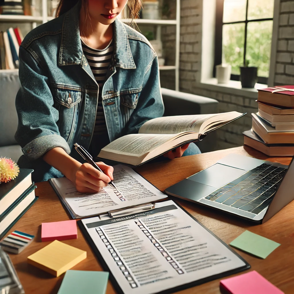 A person reviewing their knowledge and identifying learning gaps with a checklist and study materials.