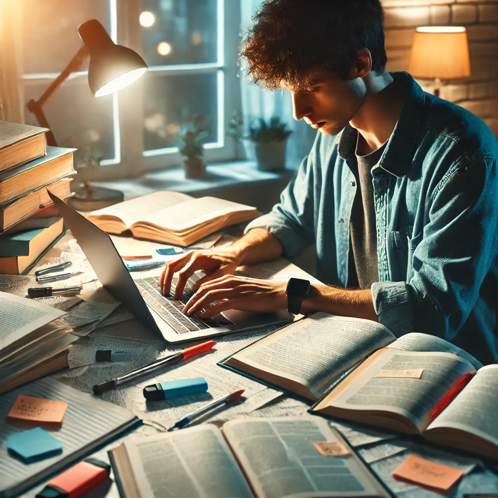 A person immersed in learning, surrounded by books, notes, and a computer, symbolizing the process of acquiring knowledge quickly and effectively