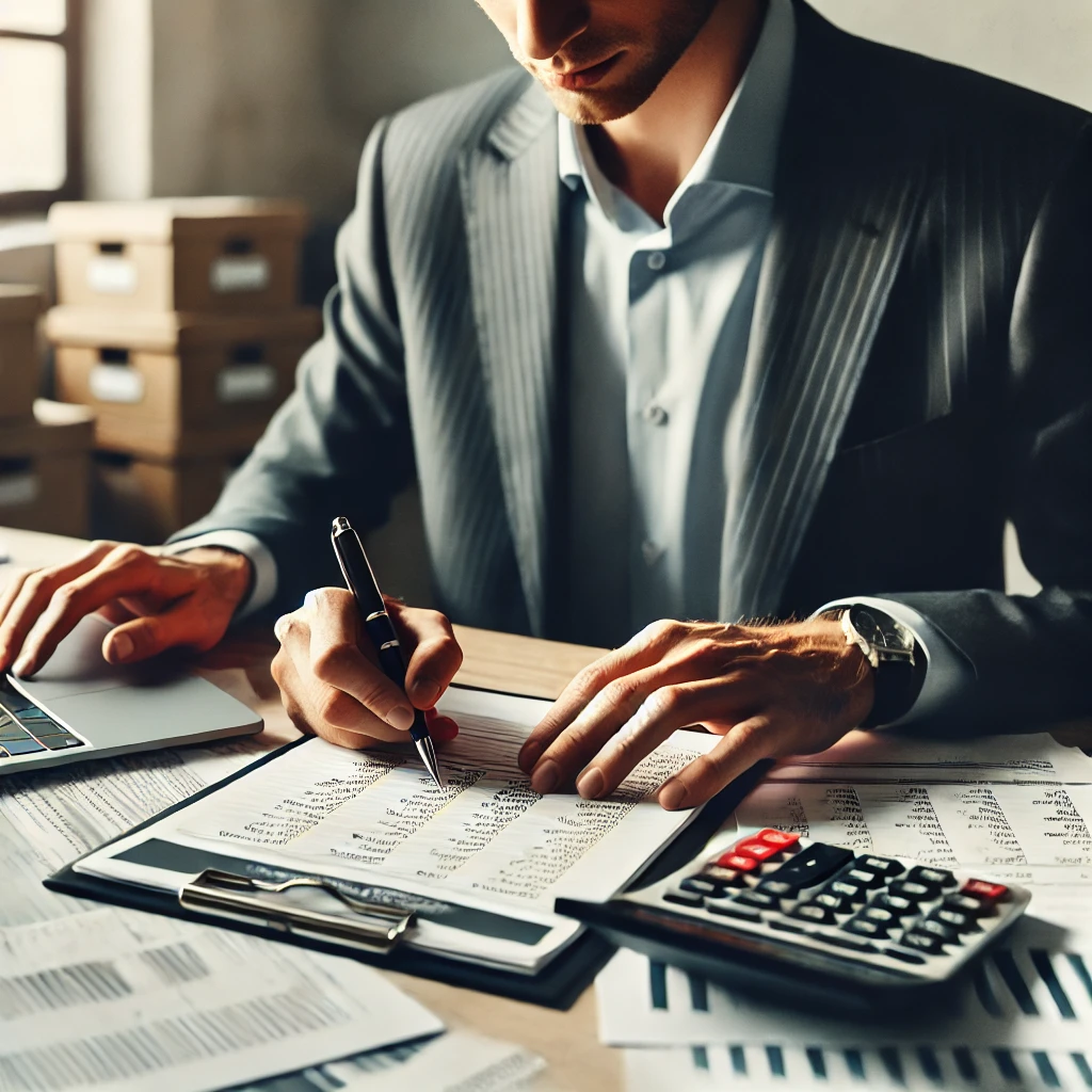 A business owner filling out an application for a small business loan with financial documents on a desk.