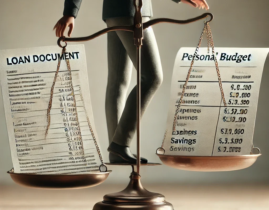 A person balancing scales with a loan document on one side and personal budget on the other.