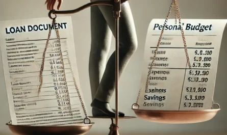 A person balancing scales with a loan document on one side and personal budget on the other.