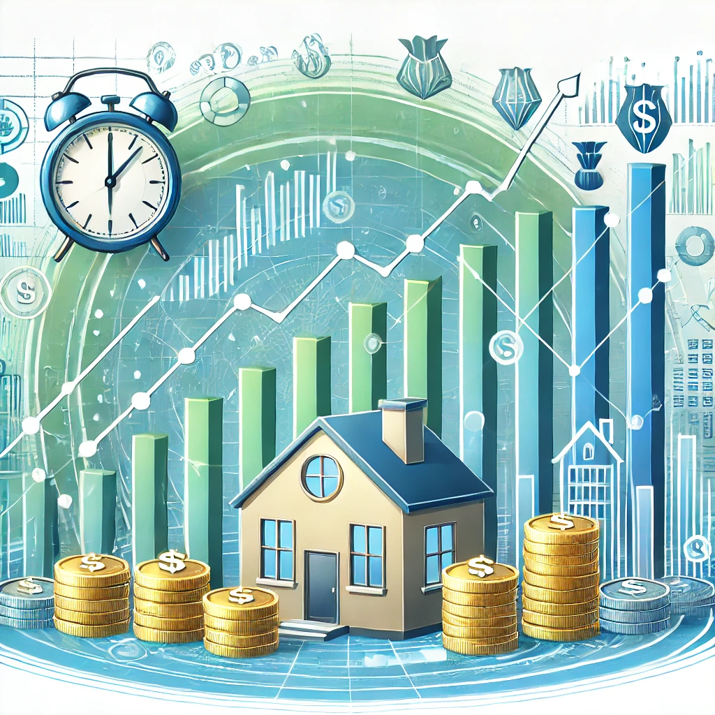 Illustration representing wealth building through long-term investing with financial growth graphs