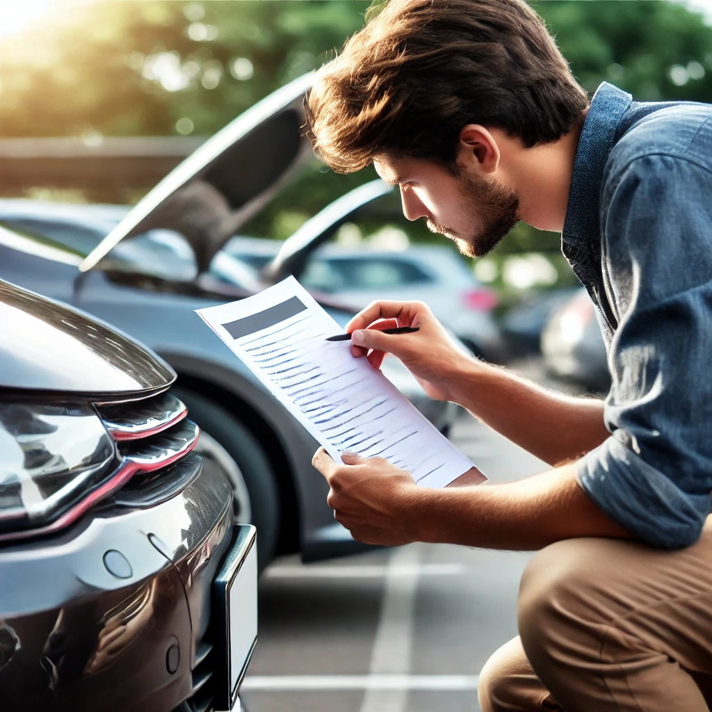 A person inspecting a used car with a checklist in hand, ensuring a smart purchase decision.