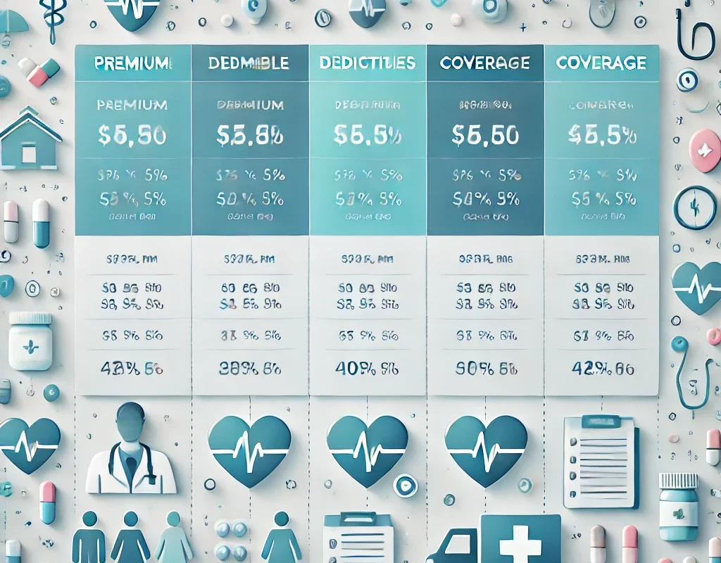 A comparison of health insurance plans showing different features like premiums, deductibles, and coverage levels to find maximum coverage.