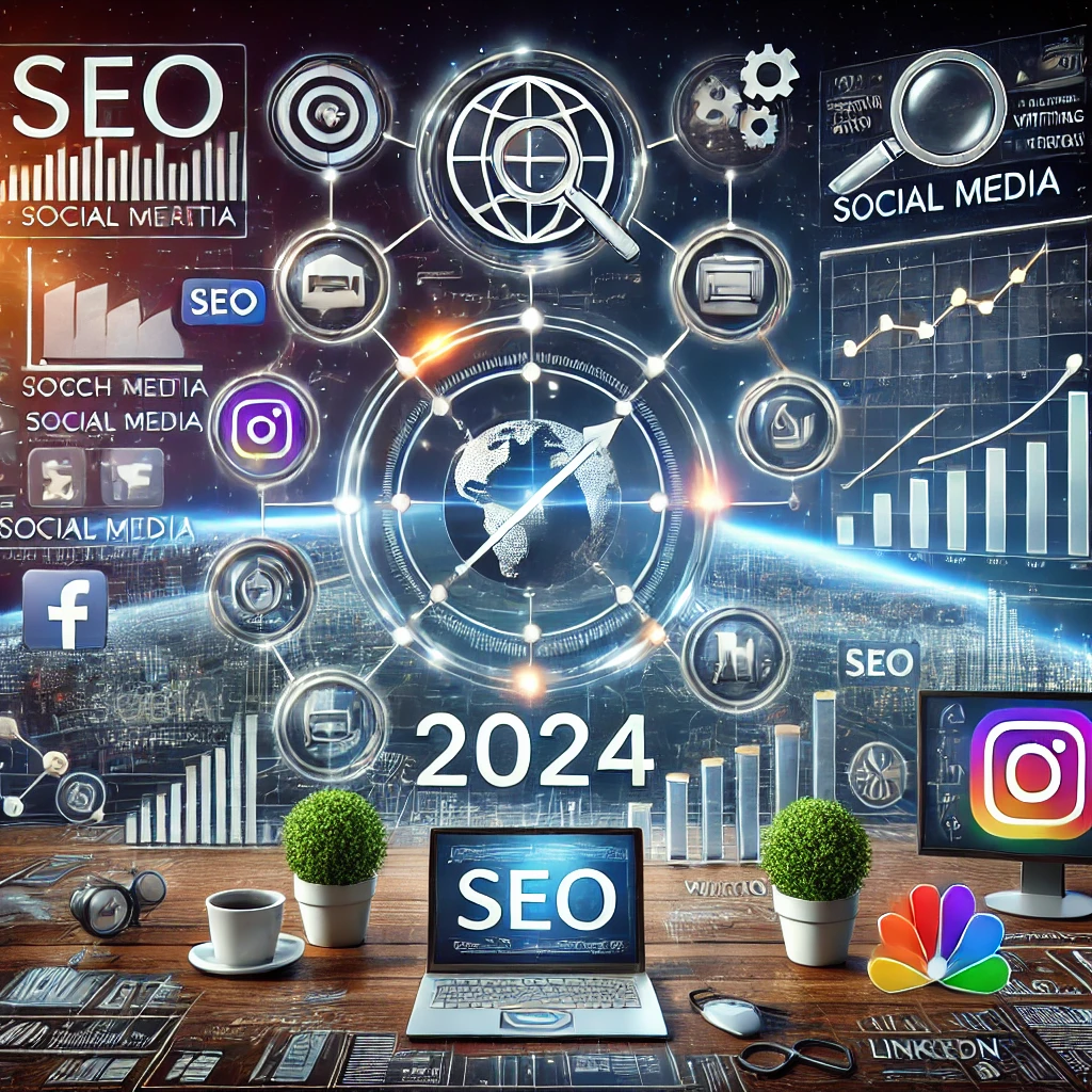 A visual representation of an effective digital marketing strategy for 2024, highlighting SEO, social media, and content creation