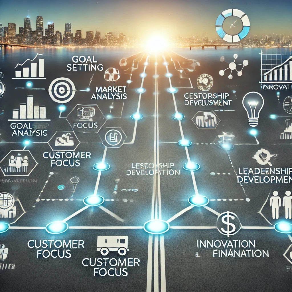 A roadmap showing a business strategy plan for achieving long-term success, growth, and sustainability