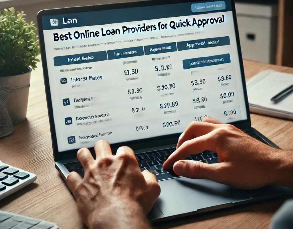 A user searching for the best online loan providers for quick approval on a laptop, reviewing loan options