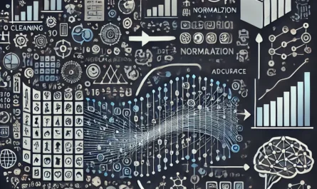 A visual representation of AI accuracy improvement through data preprocessing techniques, showcasing clean and structured data feeding into an AI model