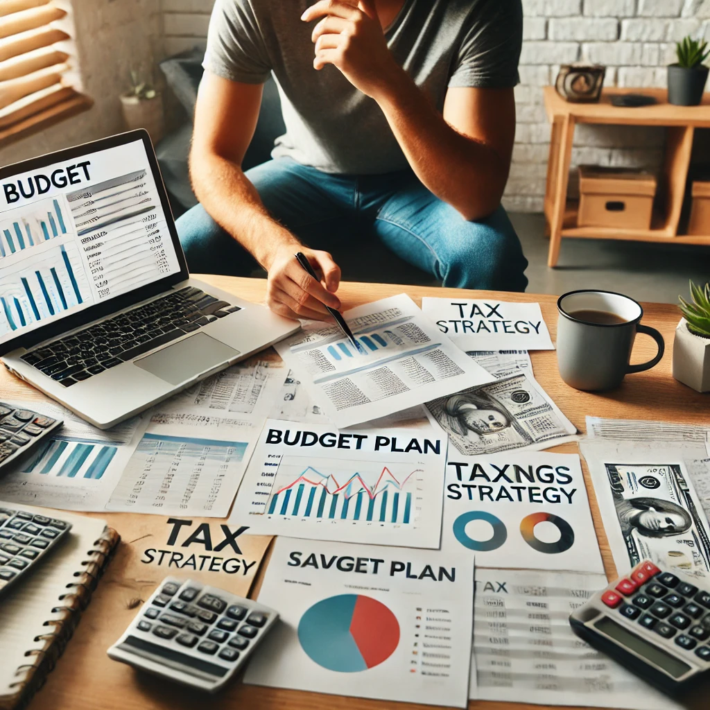 Freelancer managing finances with a budget plan, savings, and tax strategy