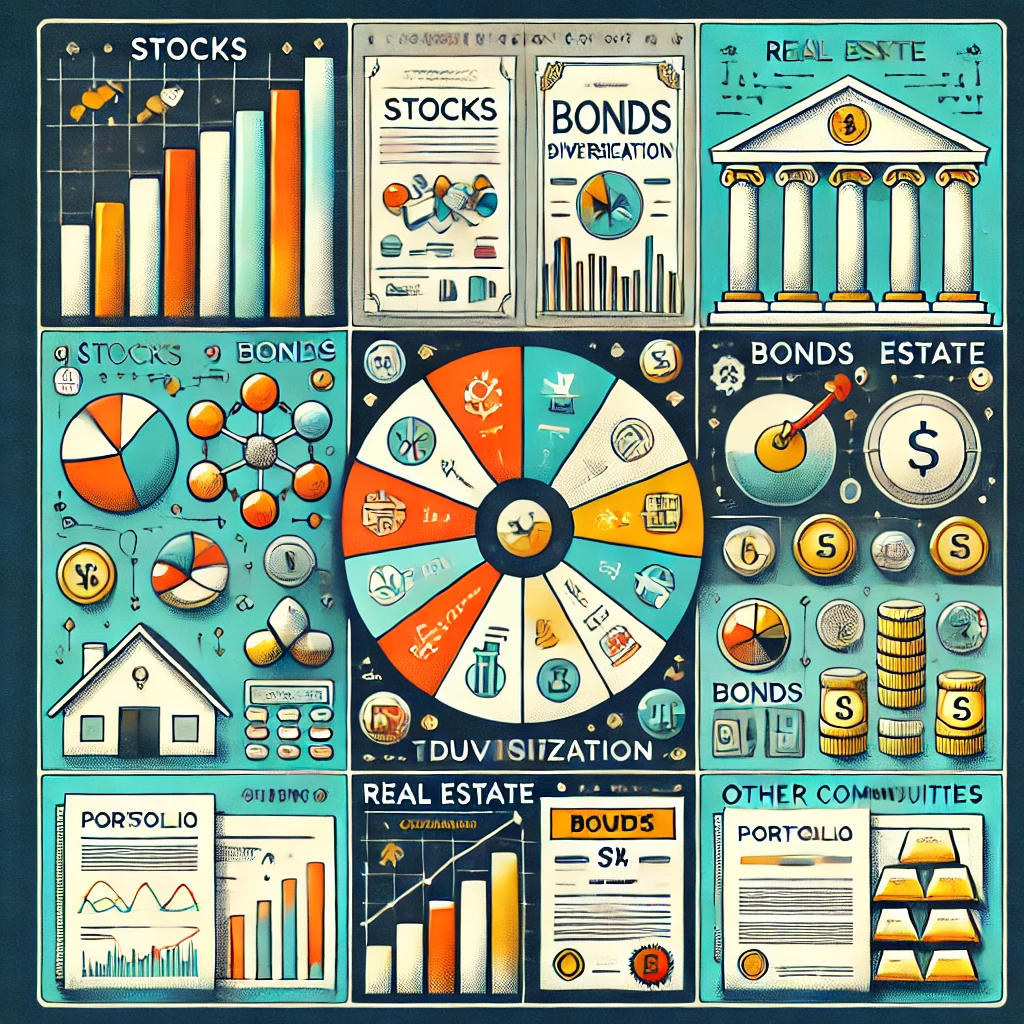 A diverse portfolio showcasing stocks, bonds, real estate, and other assets symbolizing minimized investment risks through diversification