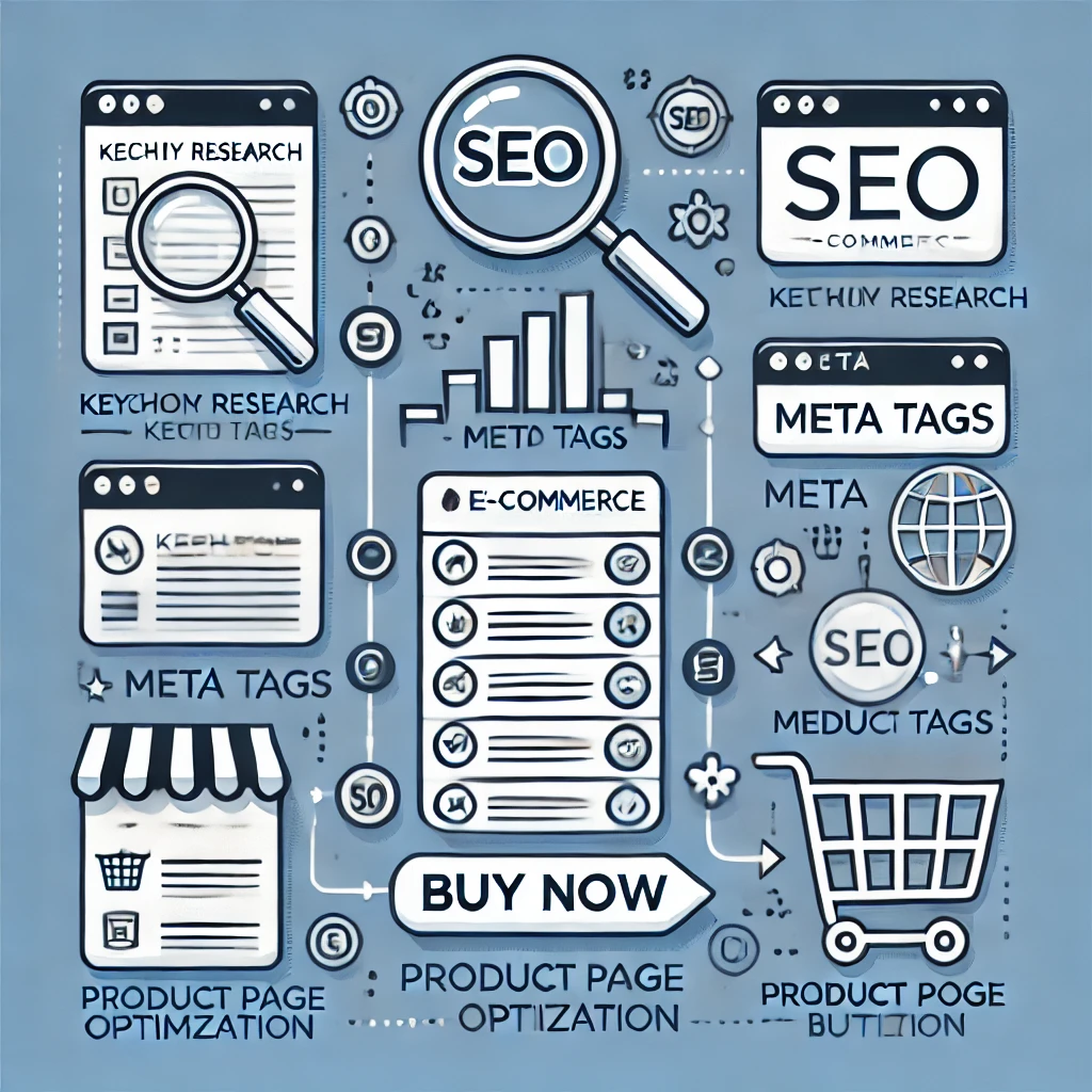 A visual guide illustrating steps to optimize an e-commerce site for SEO, including keywords, meta tags, and product pages