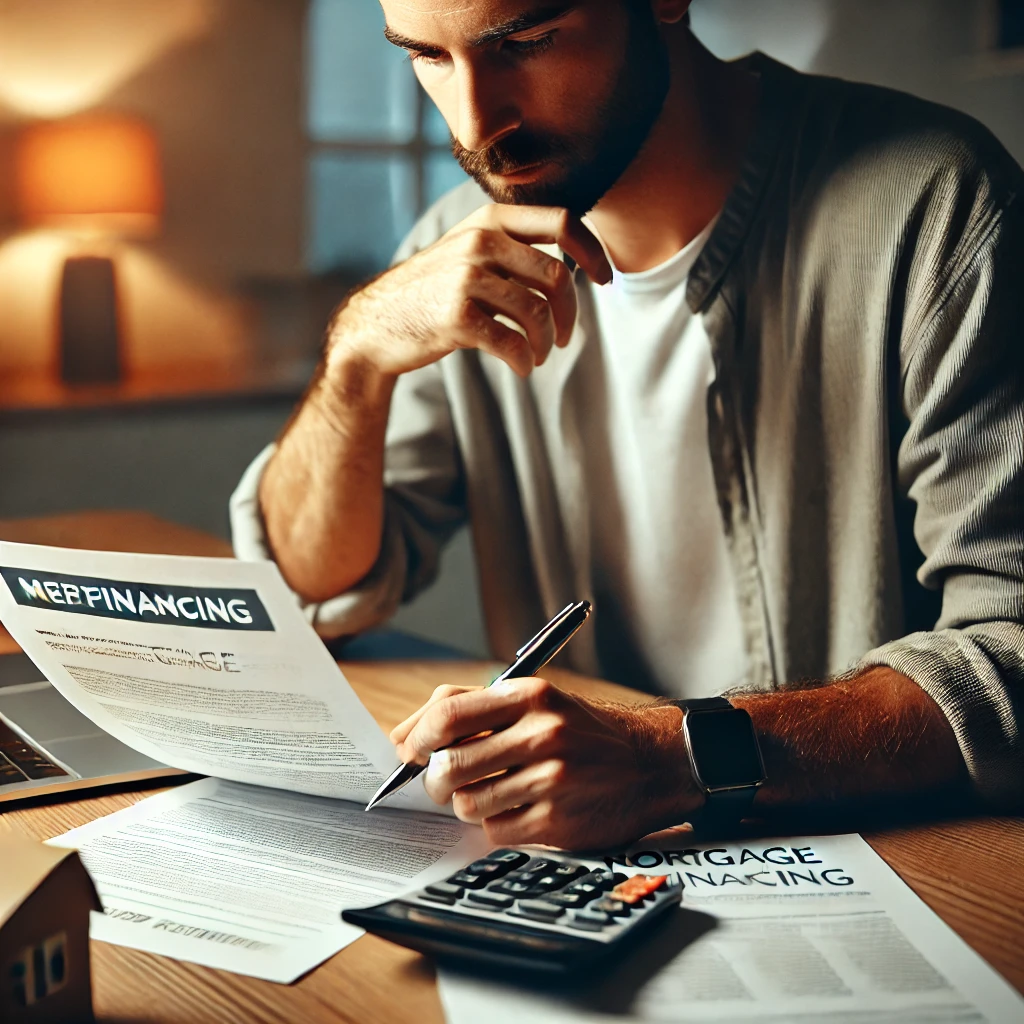 A person reviewing mortgage refinancing documents to secure lower interest rates.