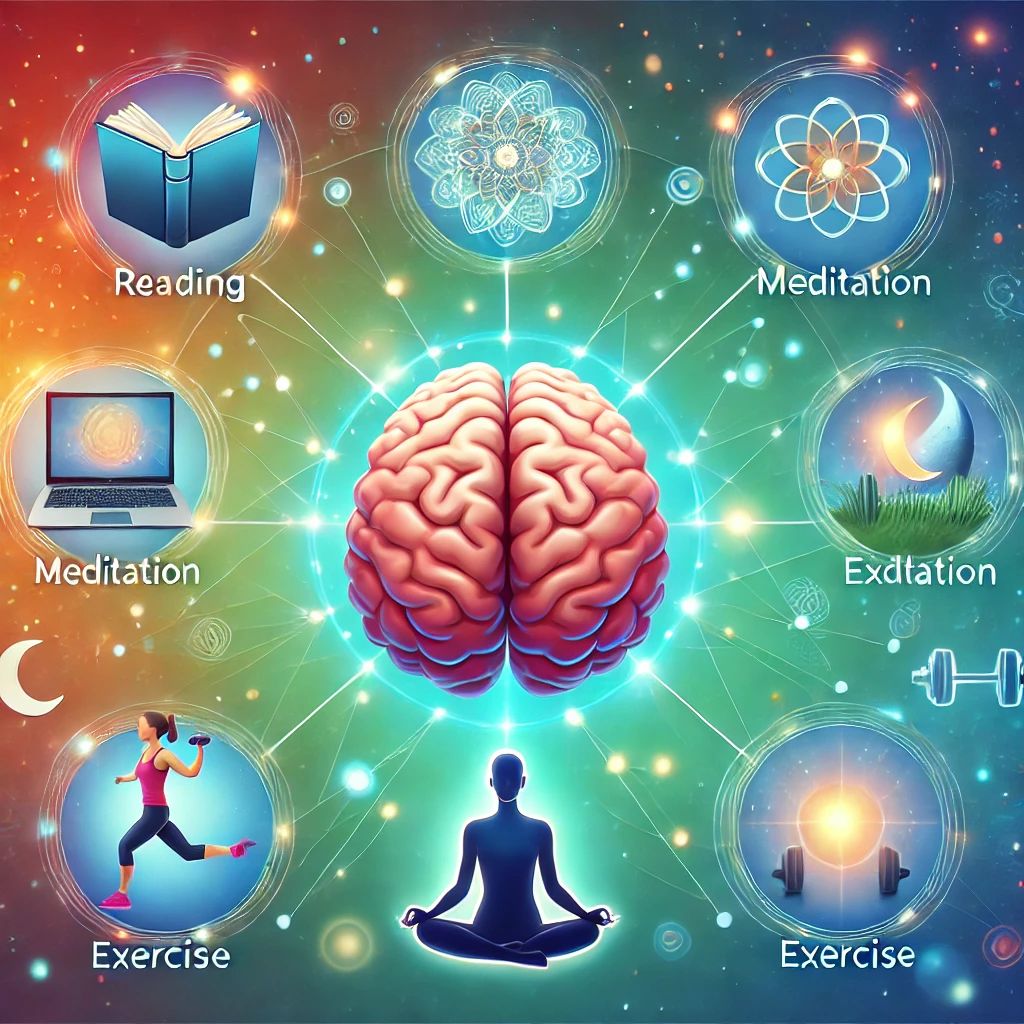 Illustration of a brain surrounded by memory-enhancing activities like reading, meditation, and exercise