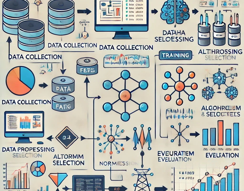 A detailed visual representation of training a machine learning model from scratch, showing key steps like data collection, preprocessing, and algorithm selection