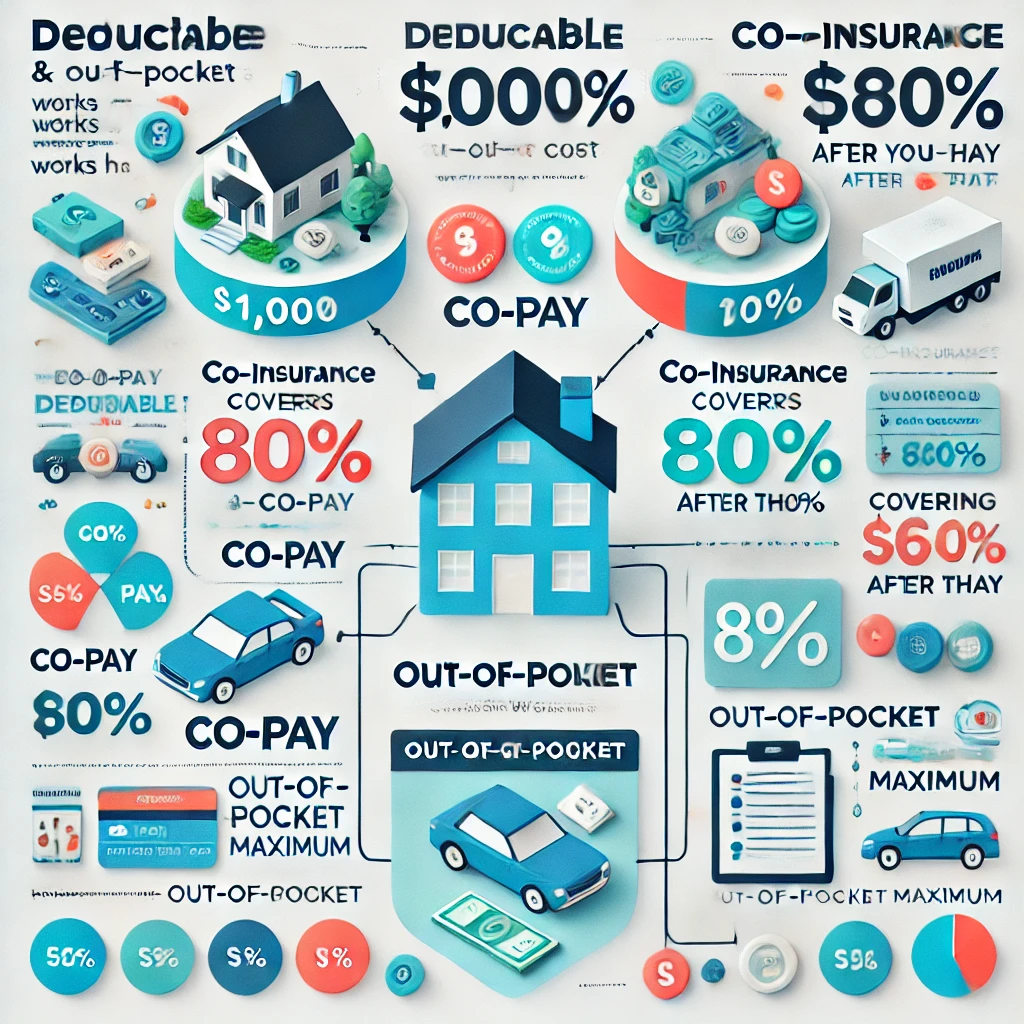 Illustration explaining deductibles and out-of-pocket costs in insurance, including key terms and examples