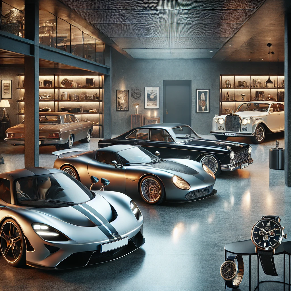 A luxury car collection in a private garage representing wealth management strategies.